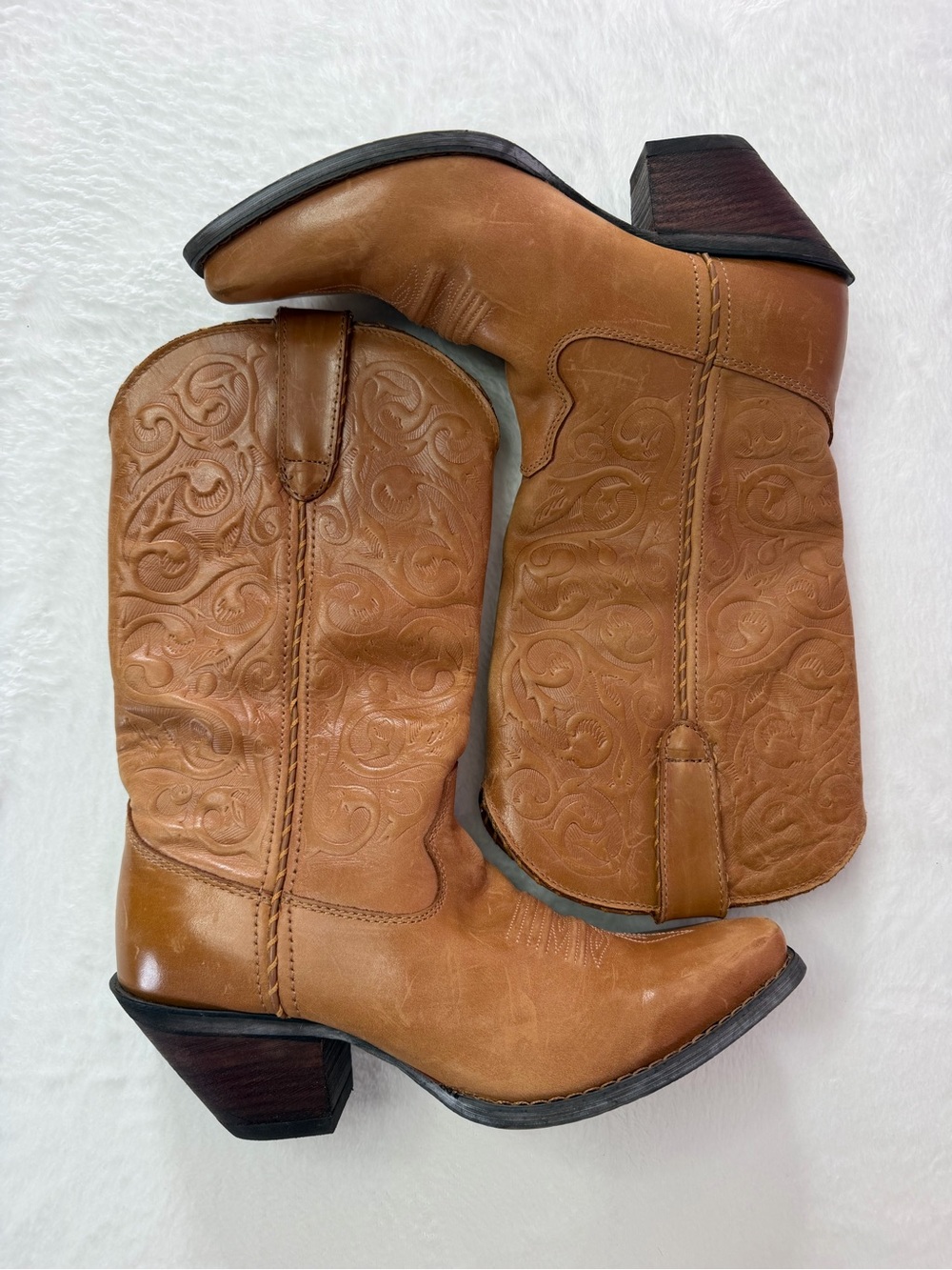 Durango Cowboy Boots Crush Tan Scroll Western Boots Snip Toe 8M - Picture 2 of 6